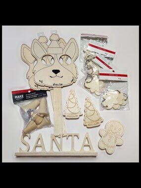 Christmas Unfinished Wood Craft Lot - Masks Trees Gingerbread Man Bells Keyrings